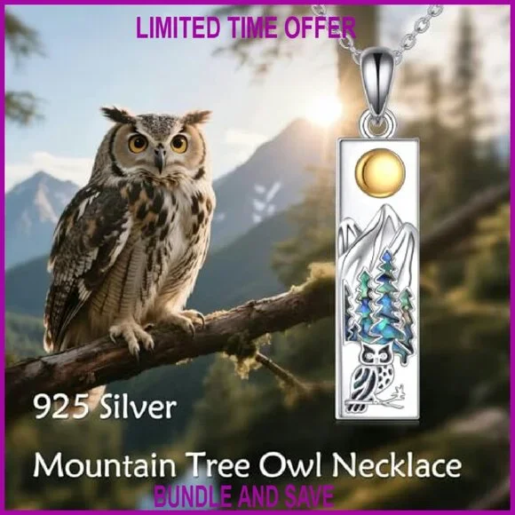 Sterling Silver Mountain Owl Pendant Necklace 18+2 Inch Chain